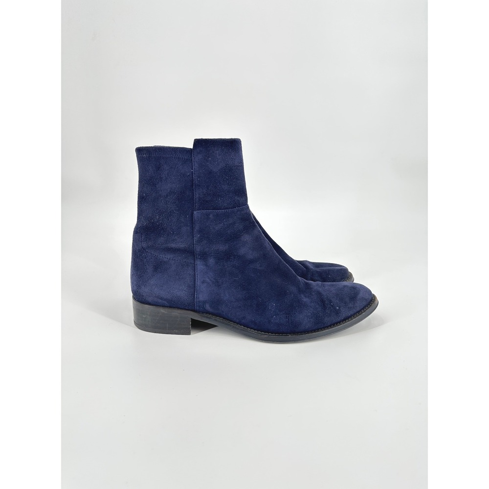 Stuart Weitzman 5050 Navy Blue‎ Suede Ankle Boots 10M Low Block Heel Made Spain